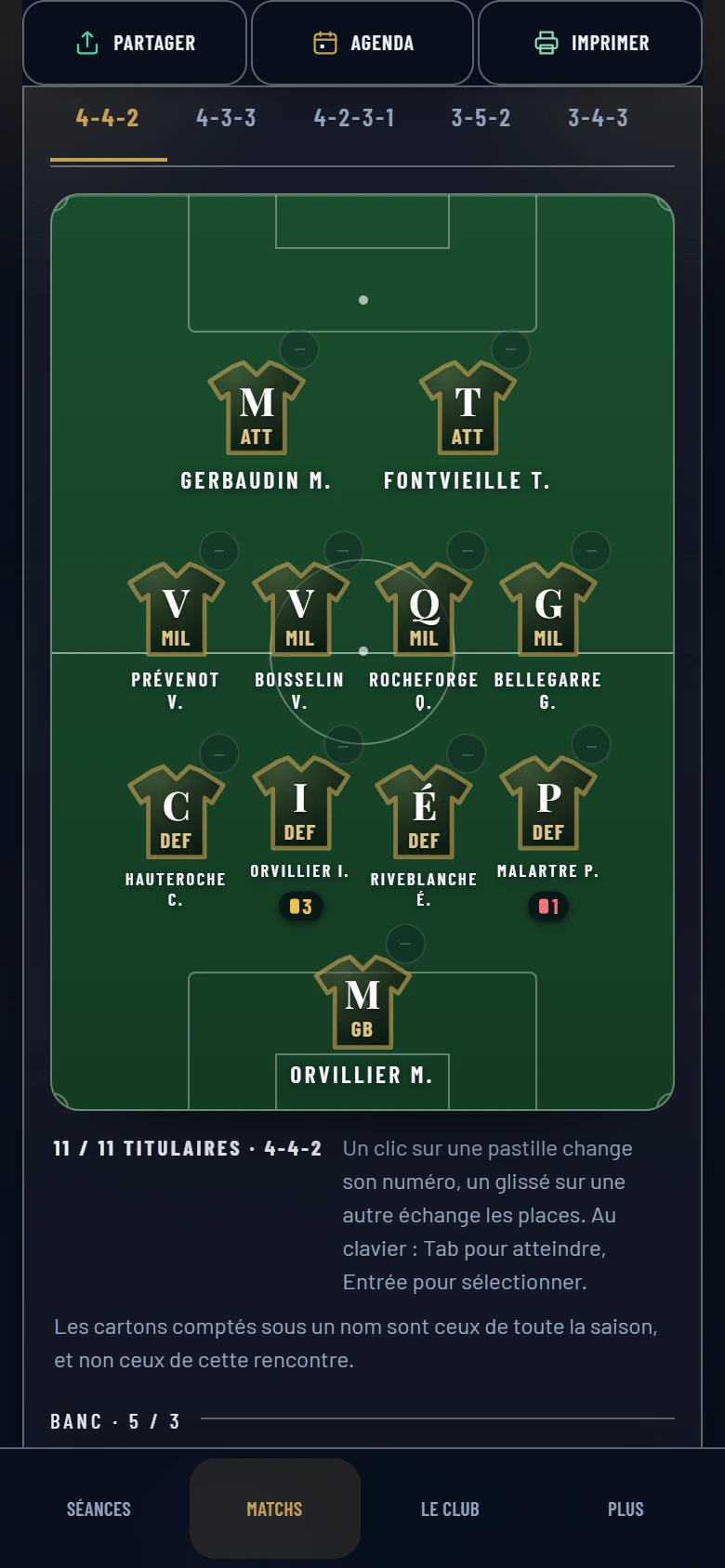 La composition en 4-4-2 dans Kickalys, sur téléphone, avec les titulaires et leurs postes